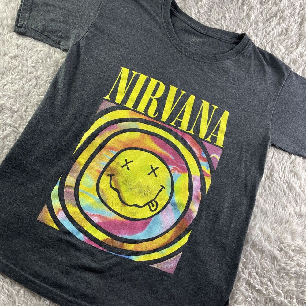 Nirvana Shirt Men's Small Gray Yellow Smiley Face Tie Dyed Logo Grunge 90s Band